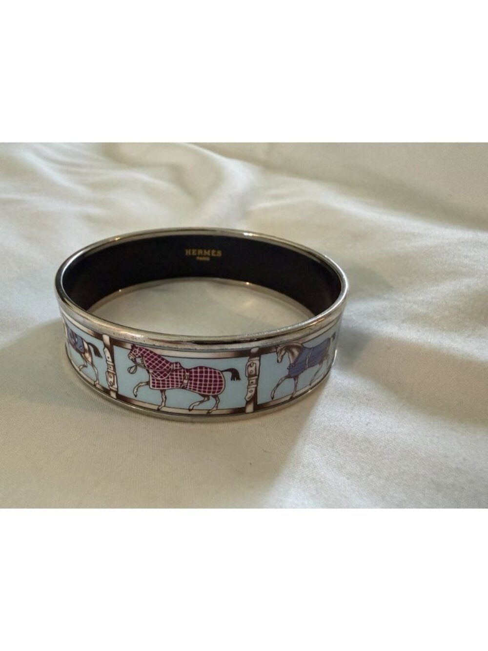 HERMES Enameled Horse Bangle Bracelet Silver Blue